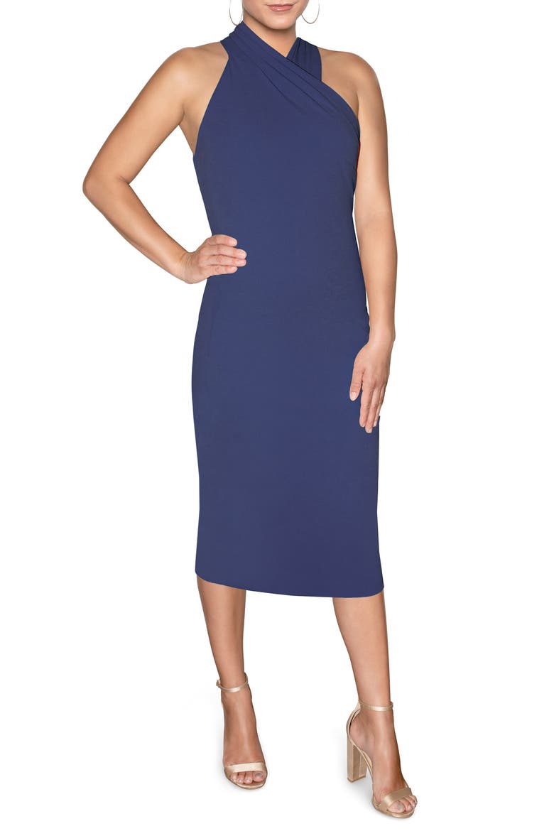 Harland Crossover Halter Midi Dress, Main, color, DK BLUE