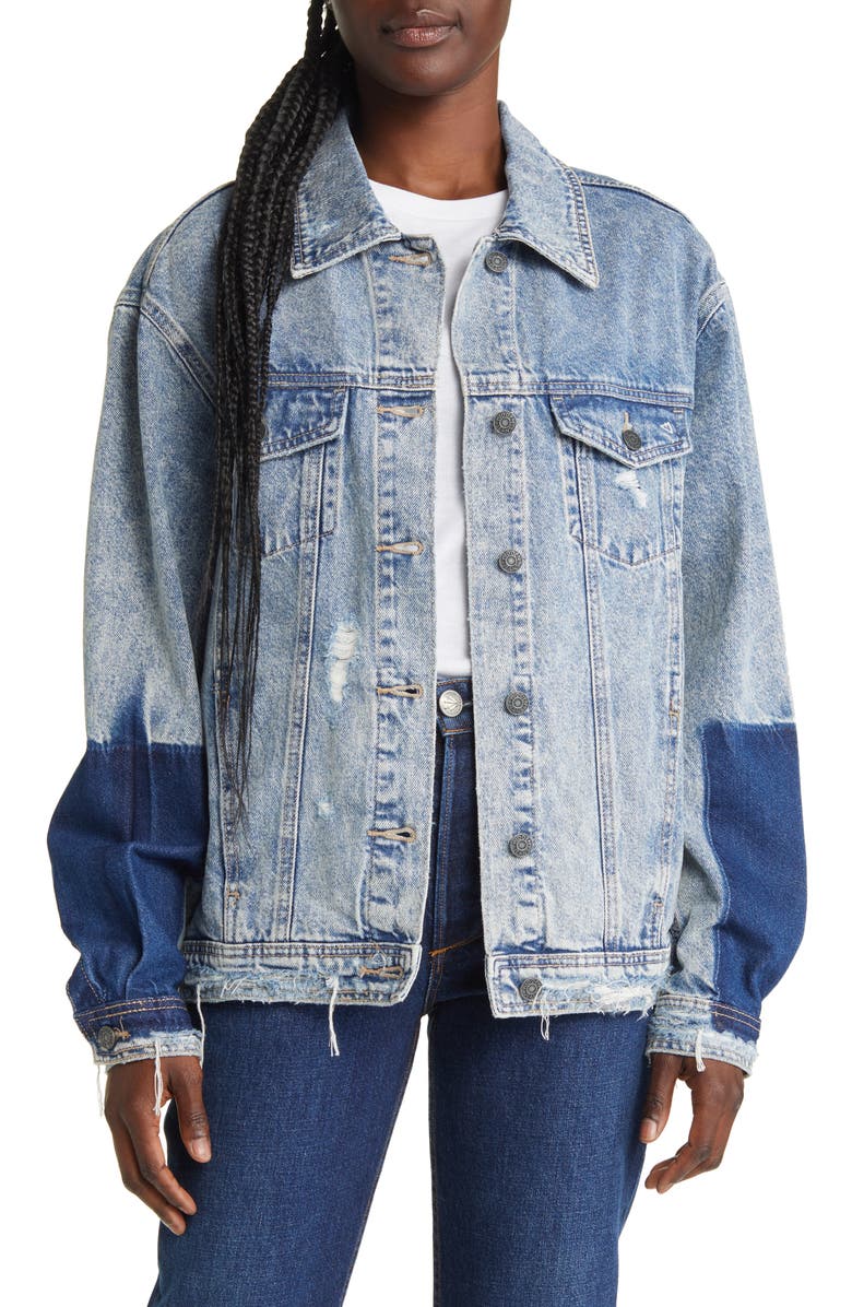 HIDDEN JEANS Colorblock Destroyed Denim Trucker Jacket, Main, color, 