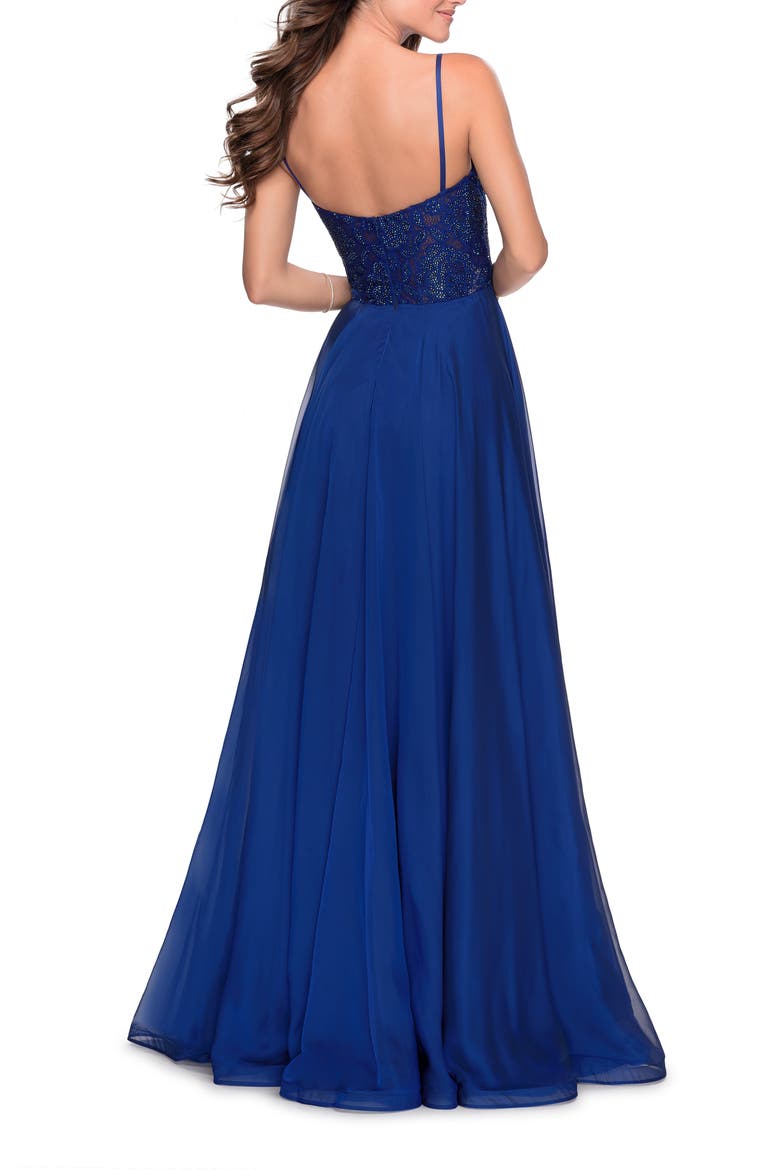 Chiffon Prom Dress with Sheer Floral Lace Bodice, Alternate, color, Marine Blue