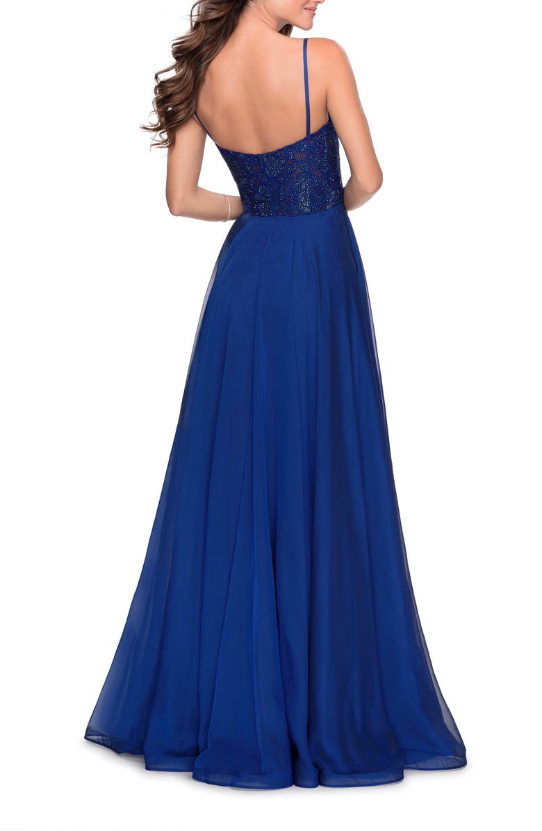 La Femme Chiffon Prom Dress with Sheer Floral Lace Bodice, Alternate, color, Marine Blue