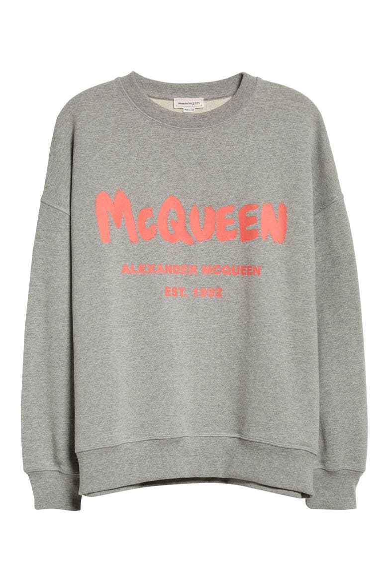 Alexander McQueen Graffiti Logo Oversize Cotton Sweatshirt, Alternate, color, GREY MELANGE/ CORAL