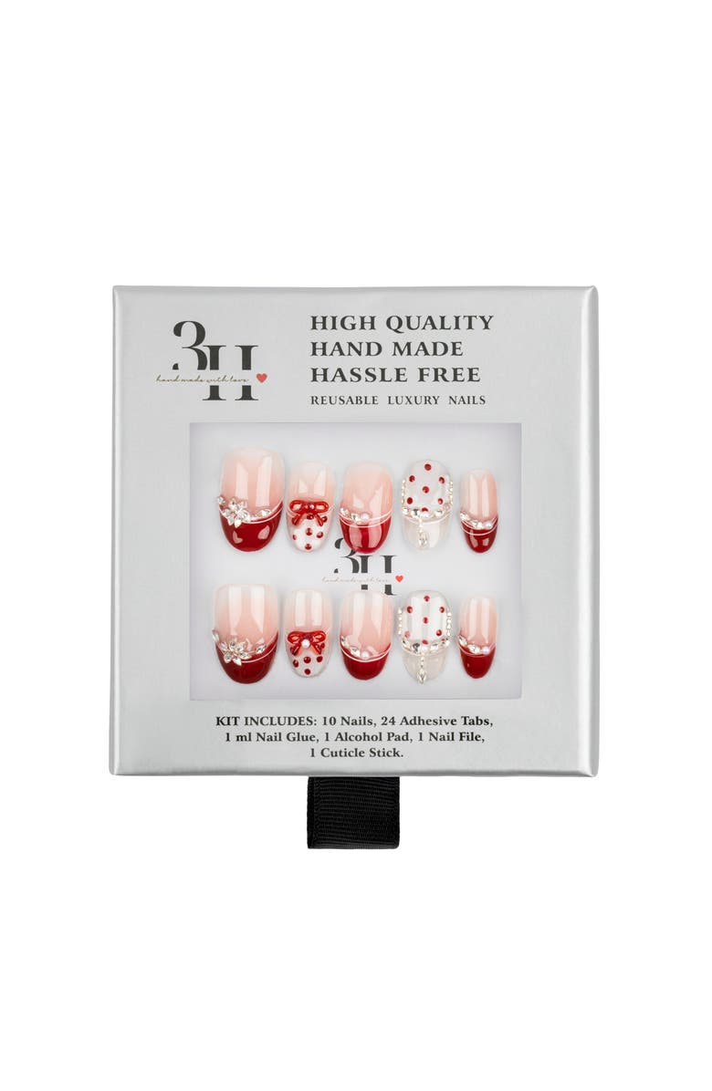3H Nails Cherry Kiss Luxury Handmade Press On Nails, Alternate, color, Red, White