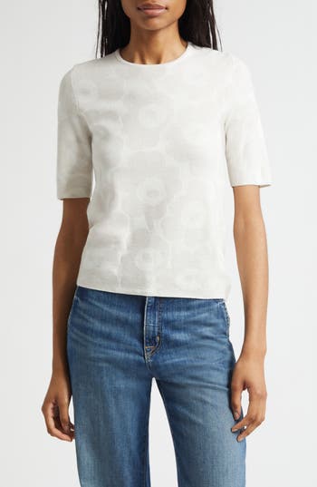 Marimekko Kertyä Unikko Jacquard Merino Wool Blend Knit Top In White