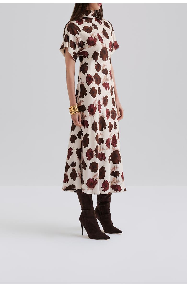 Malina Alivia Short Sleeve Satin Midi Dress, Alternate, color, Wine Peony