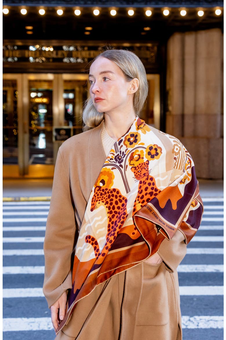 Double Sided Wool Silk Scarf Of Leopards With Floral Fountain, Alternate, color, Brown