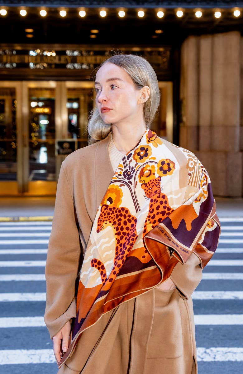 Jessie Zhao New York Double Sided Wool Silk Scarf Of Leopards With Floral Fountain, Alternate, color, Brown