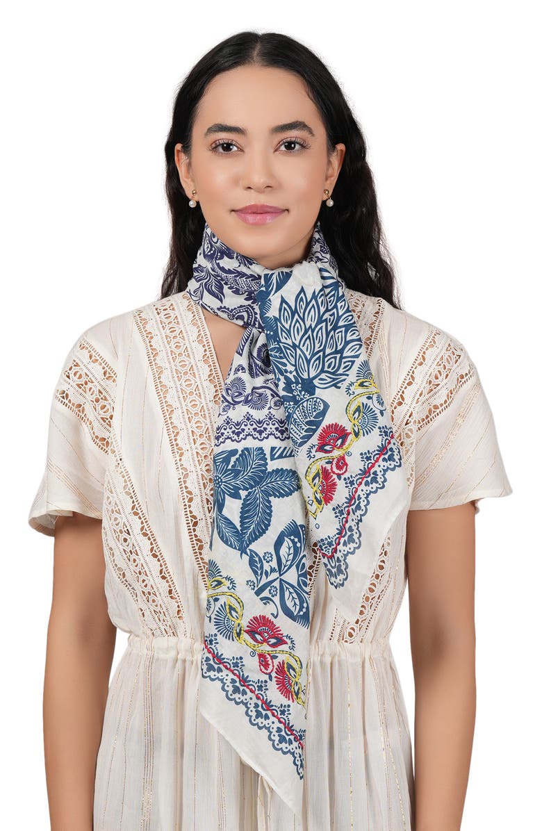 Vismaya Embroidered Floral Cotton Scarf, Alternate, color, Blue