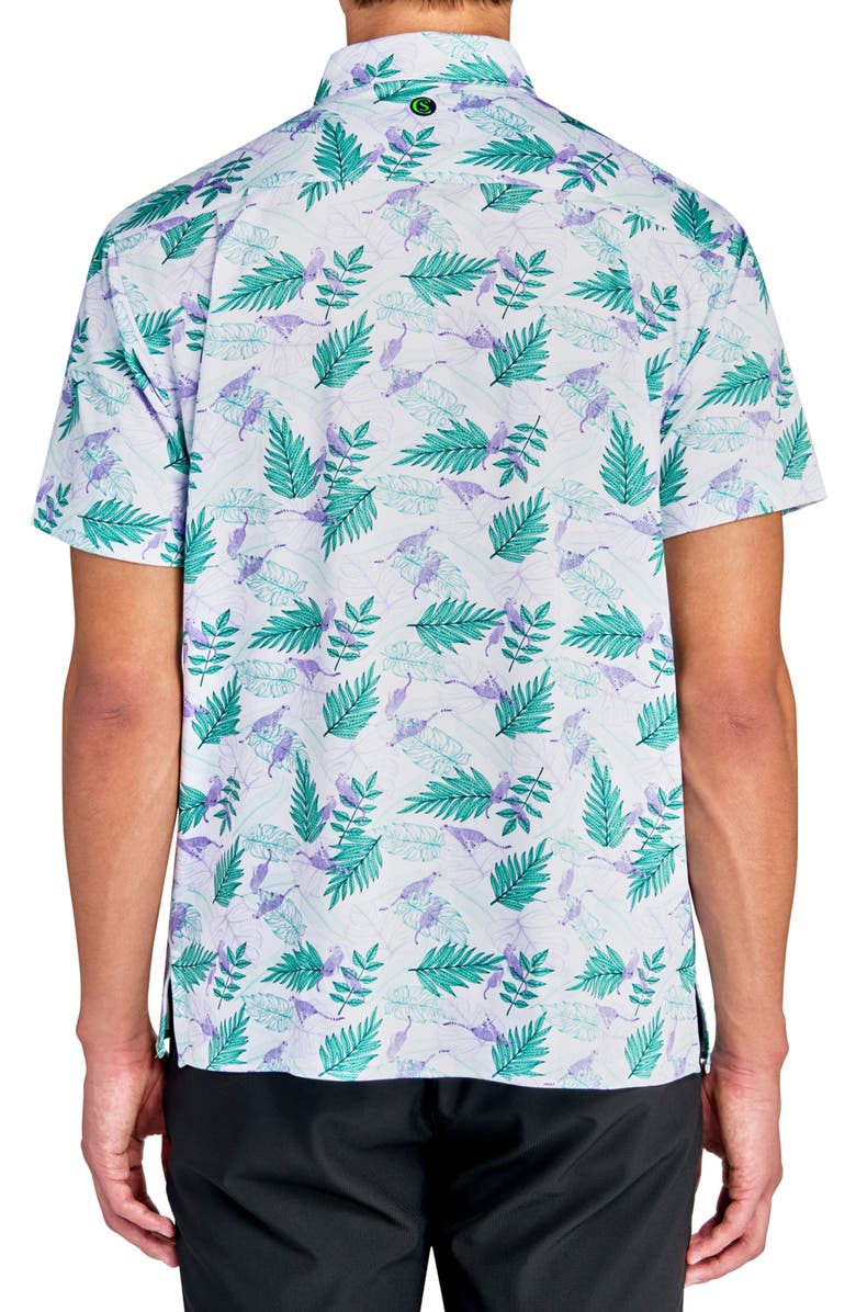CONSTRUCT Regular Fit Cheetah Leaf Print Recycled Performance Golf Button-Down Shirt, Alternate, color, White