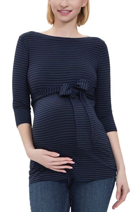 Maternity Striped Boat Neck Top