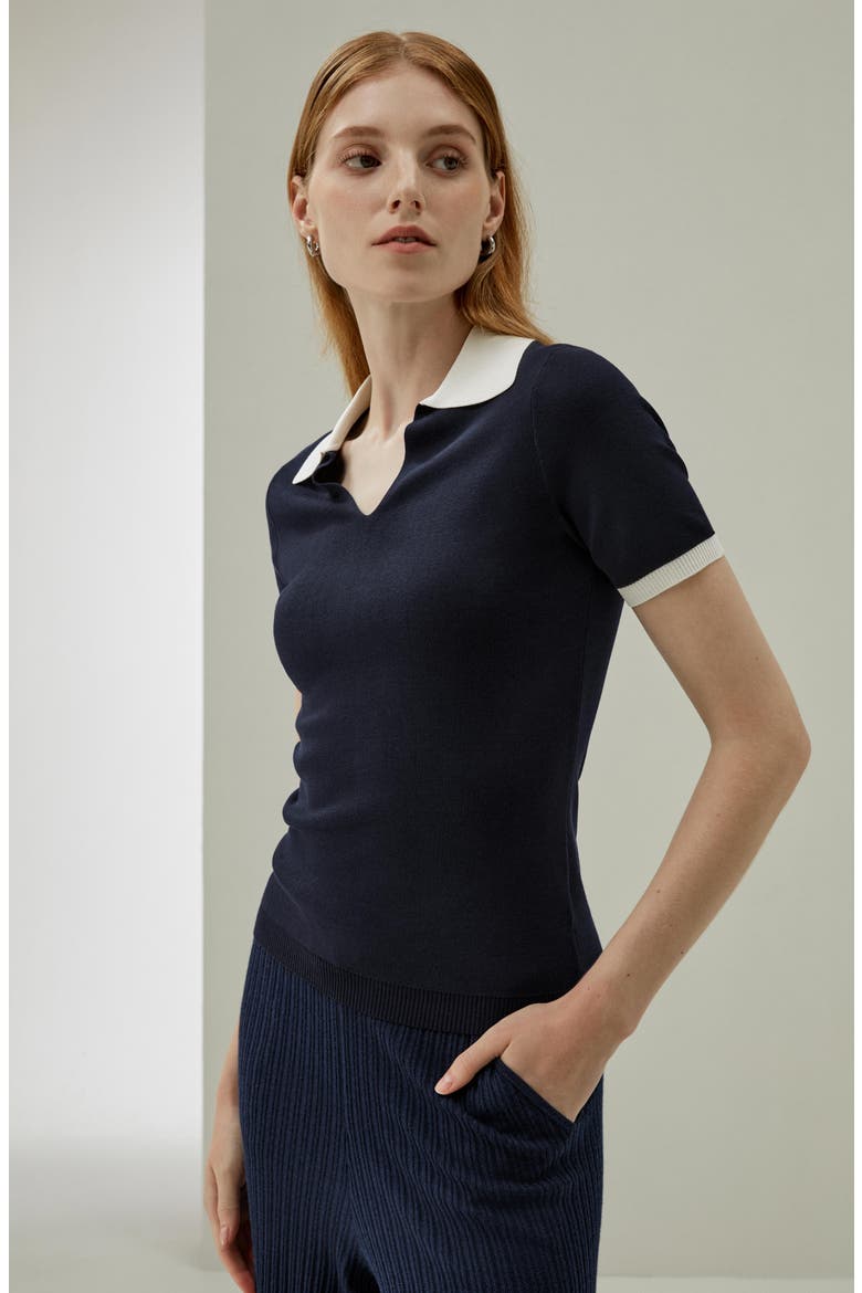 Timeless Mei Silk Knit Polo, Alternate, color, Navy blue