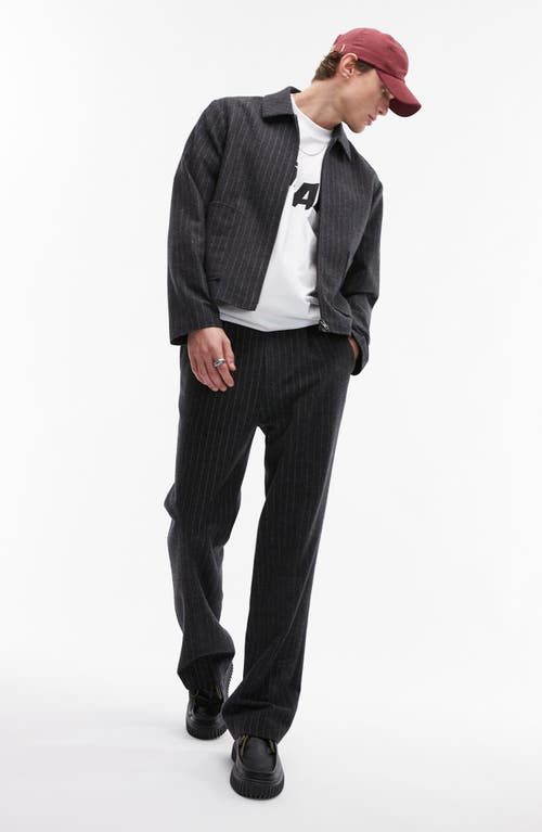 Topman Premium Pinstripe Wool Blend Harrington Jacket In Charcoal-navy In Charcoal