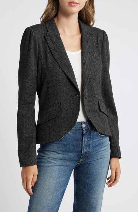 Herringbone Puff Shoulder Blazer