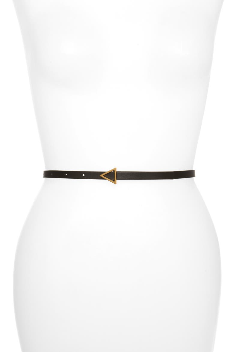 Triangle Buckle Skinny Leather Belt, Main, color, BLACK-GOLD