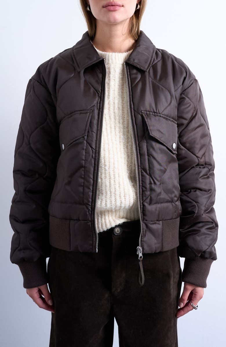 Topshop Quilted Bomber Jacket, Main, color, Brown