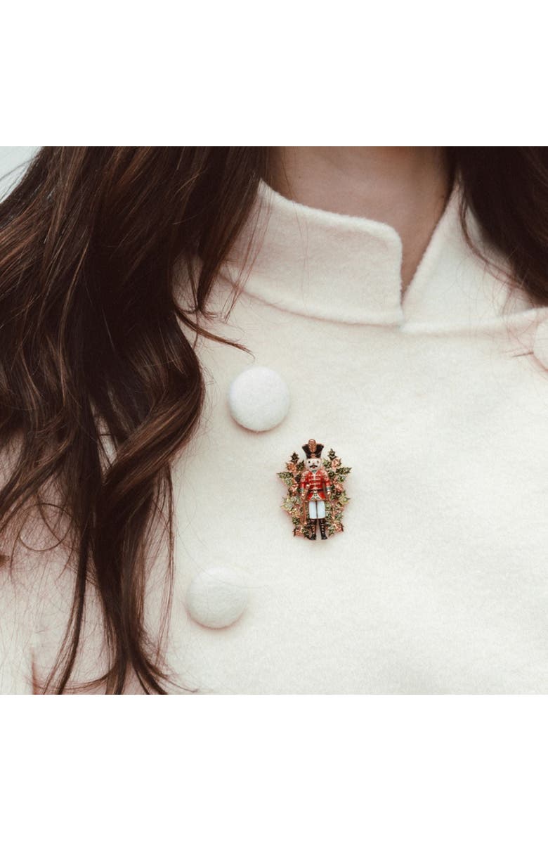Bill Skinner Studio Nutcracker and Holly Brooch, Alternate, color,