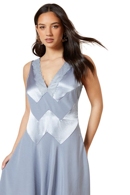 Oasis V-neck Mesh Asymmetric Midi Dress In Blue