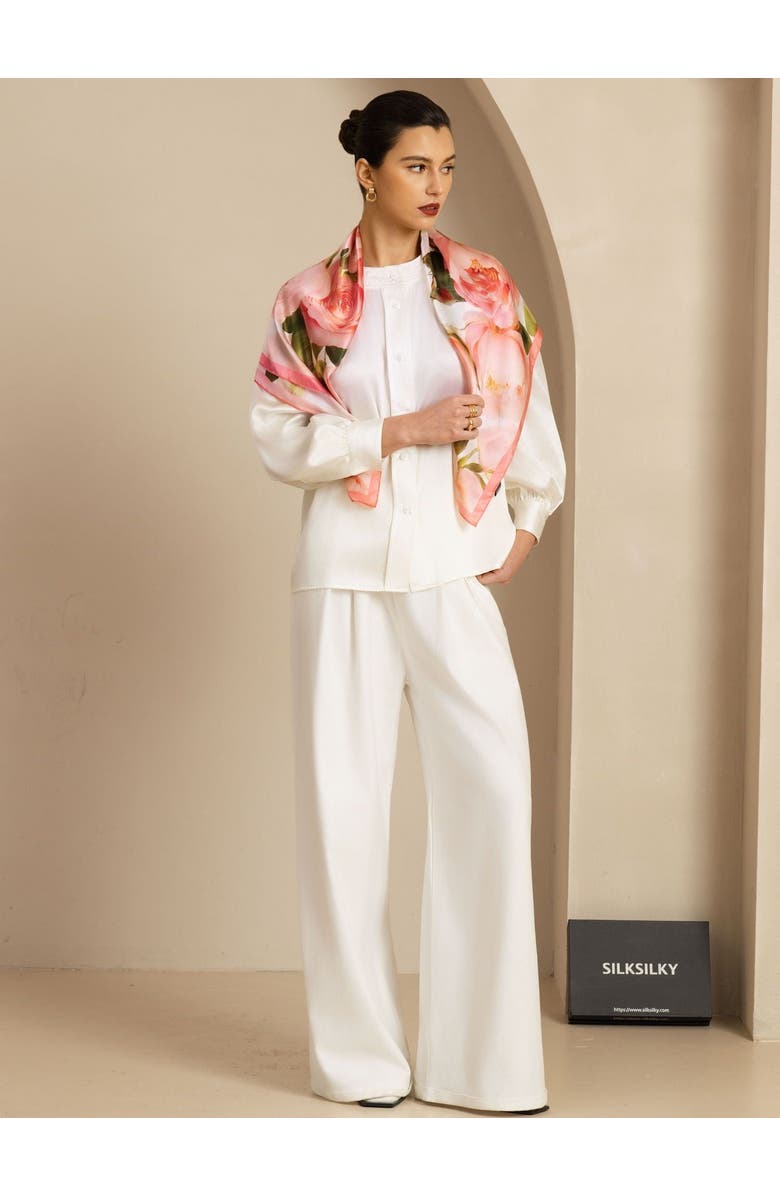 SILKSILKY Pure Silk Pink Floral Print Square Scarf, Alternate, color, Multi