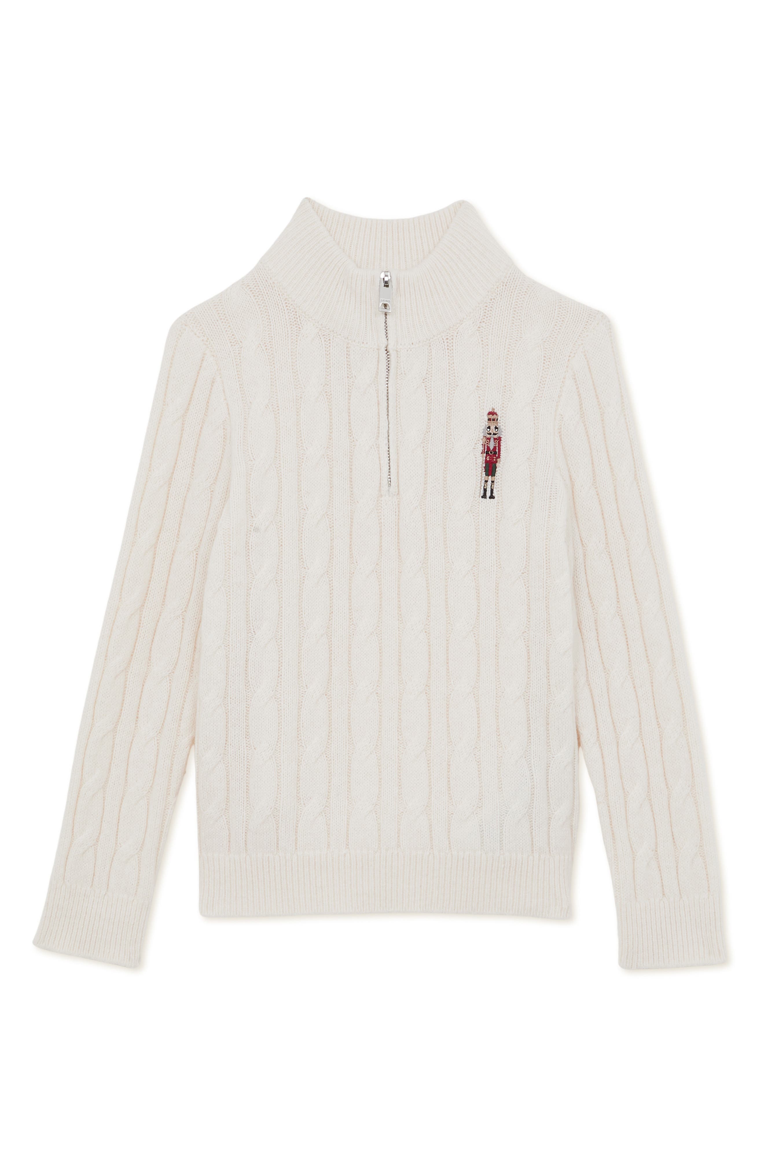 Reiss Kids' Nollaig Embroidered Nutcracker Cabled Quarter Zip Sweater In Neutral