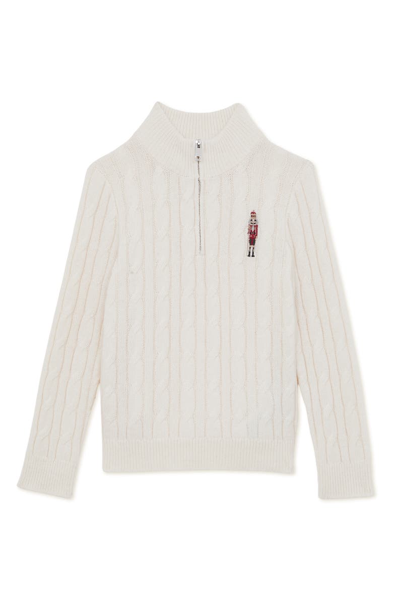 Reiss Kids' Nollaig Embroidered Nutcracker Cabled Quarter Zip Sweater, Main, color, Off White
