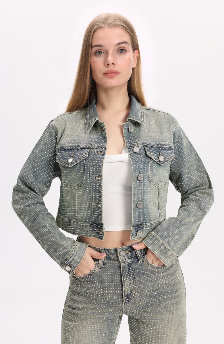 Bayeas Rhinestone Crop Denim Jacket, Alternate, color, Pure Edge