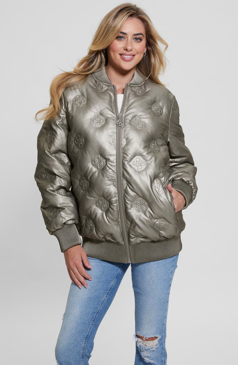 GUESS Marianne Peony Metallic Faux Leather Quilted Bomber, Alternate, color, 