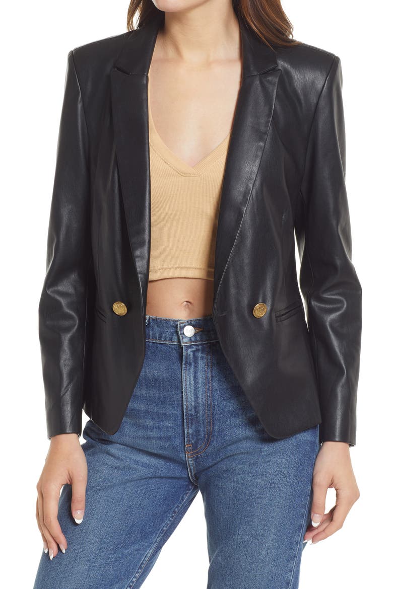 Faux Leather Blazer, Main, color, BLACK