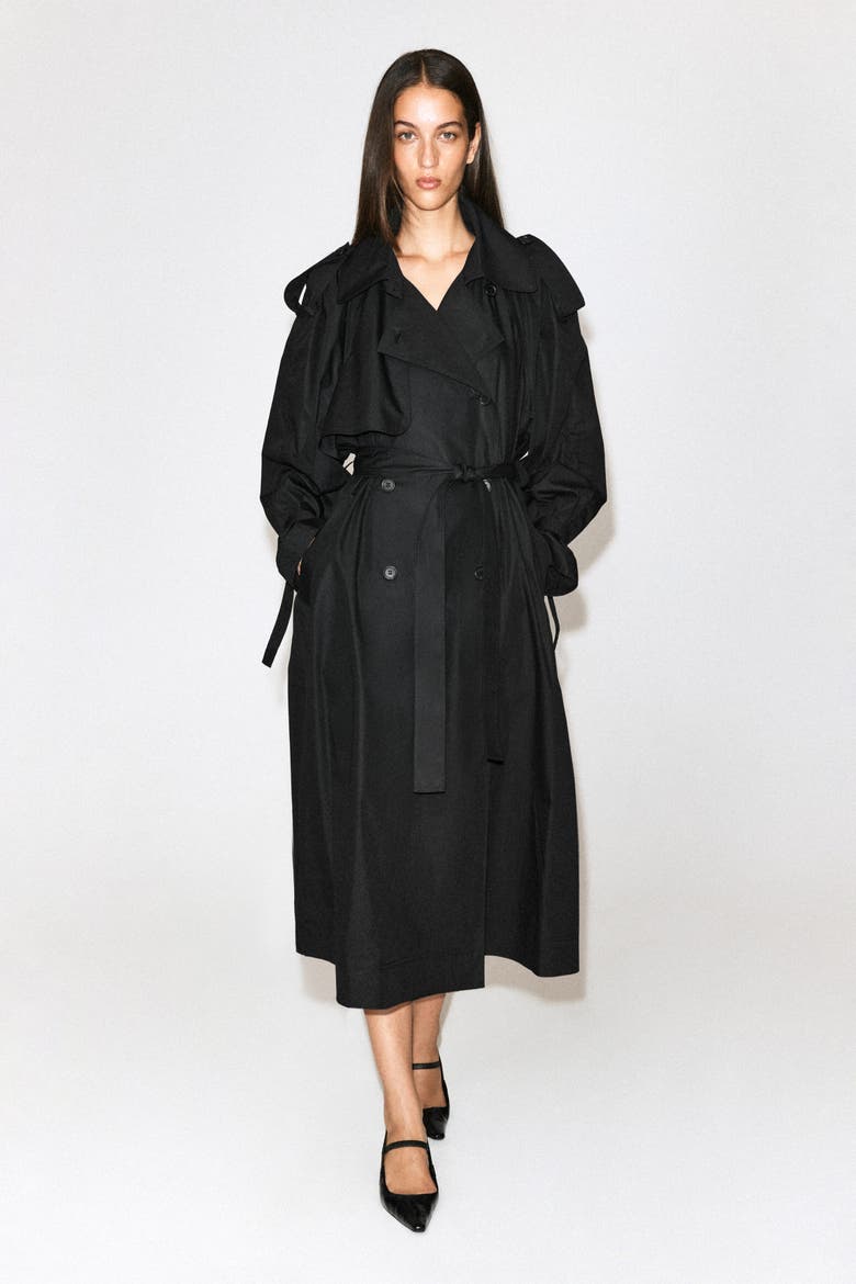 Mock-Neck Cotton Trench Coat, Alternate, color, BLACK