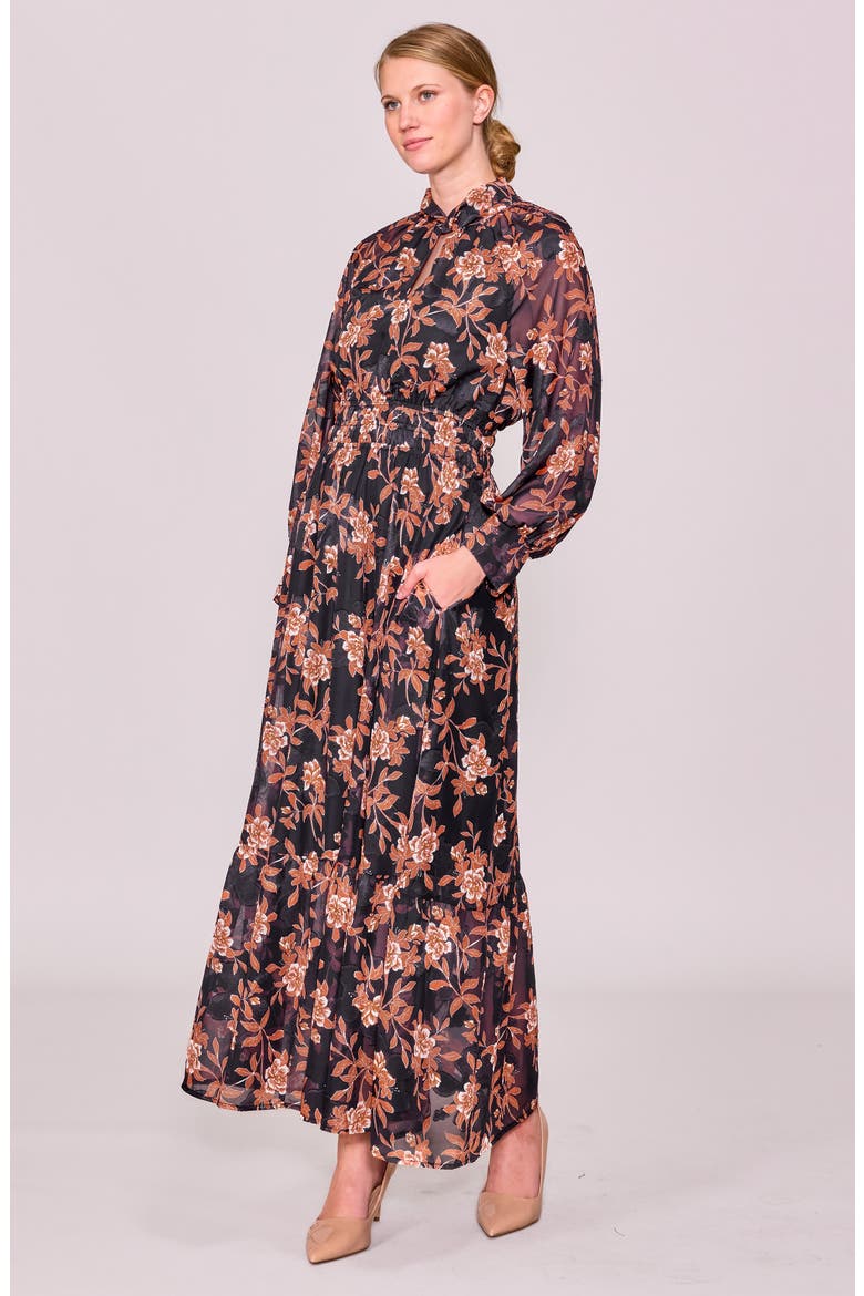 Twist Neck Long Sleeve Maxi Dress, Alternate, color, BLACK RUST MULTI