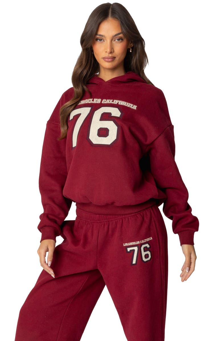 EDIKTED 76 Cali Appliqué Graphic Hoodie, Alternate, color, Burgundy