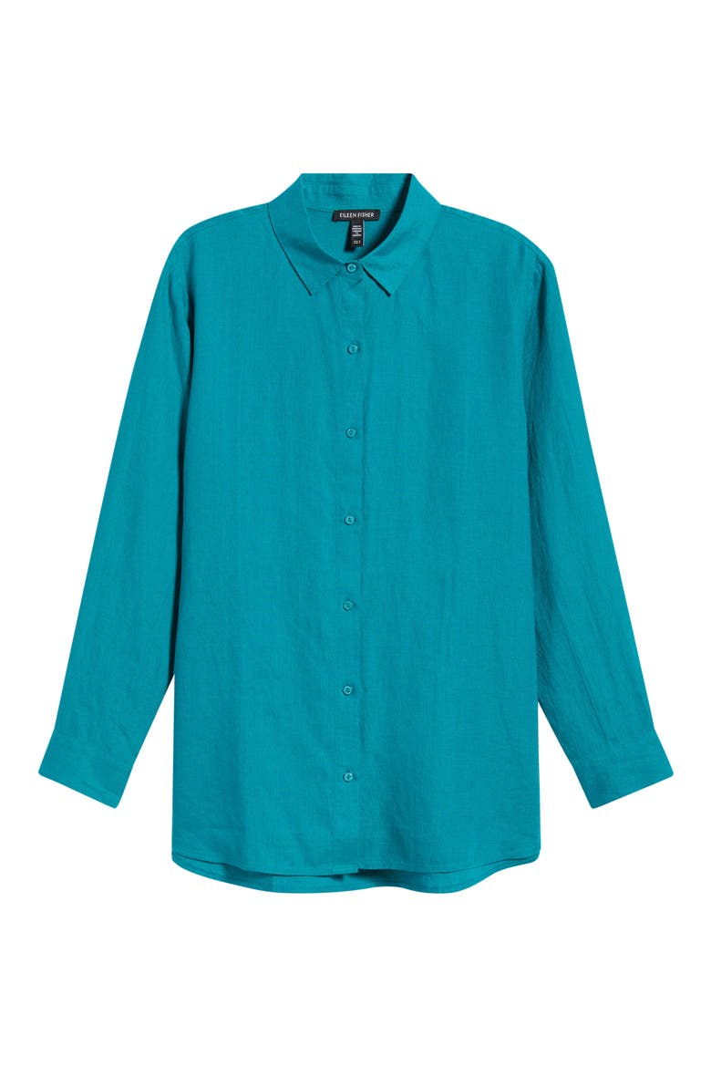 Classic Collar Organic Linen Long Button-Up Shirt, Alternate, color, TEAL