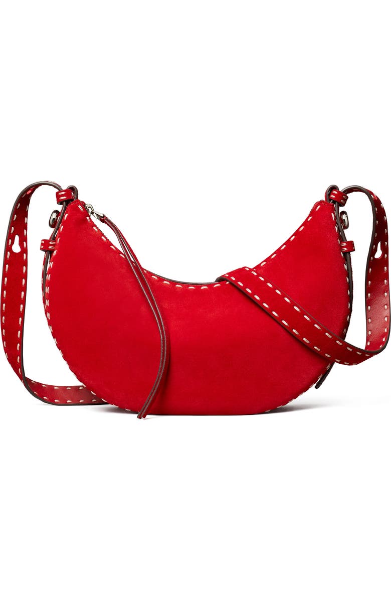 Tory Burch Romy Suede Half Moon Shoulder Bag, Alternate, color, Red