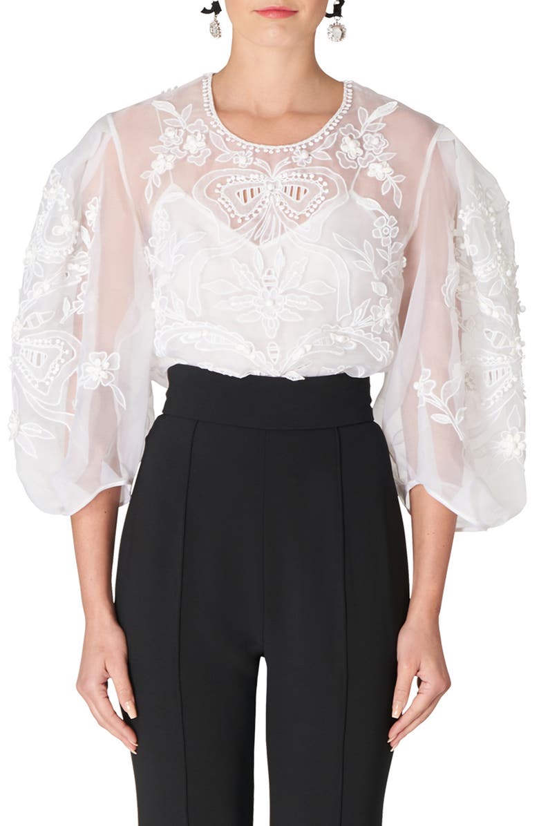 Carolina Herrera Embroidered Puff Sleeve Silk Organza Blouse, Main, color, 