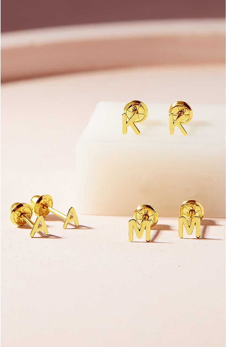 In Season Jewelry 14k Itsy Bitsy Initial Letter Earrings, Alternate, color, Letter F