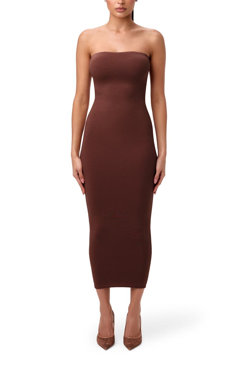 Naked Wardrobe Body-Con Midi Tube Dress, Main, color, Chocolate