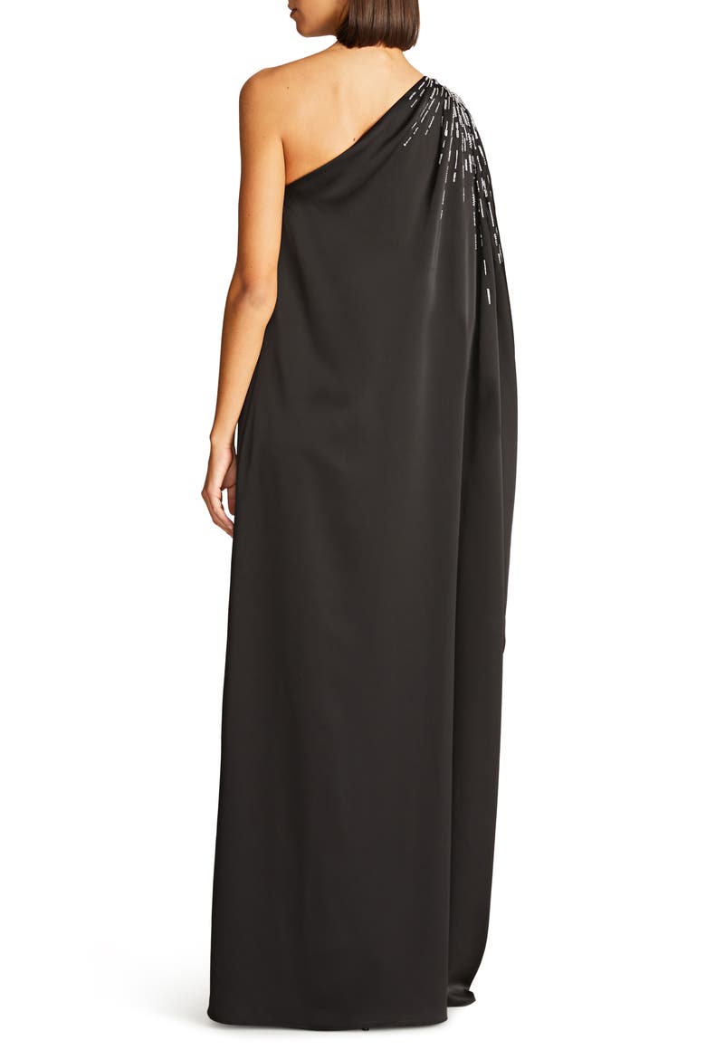 Chaya Beaded One-Shoulder Satin Gown, Alternate, color, BLACK