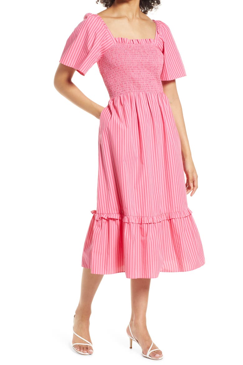 Deana Smocked Stripe Poplin Midi Dress, Main, color, PINK
