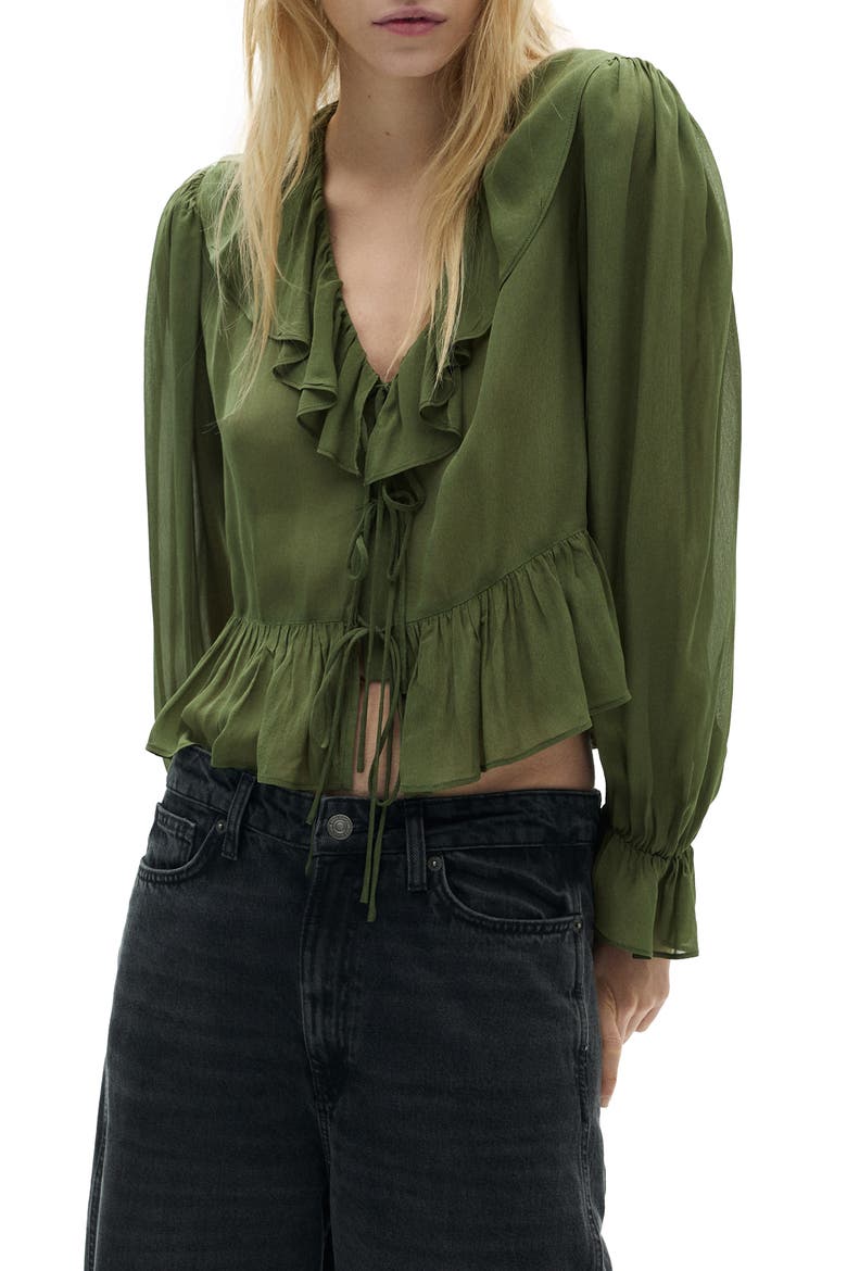 Ruffle Long Sleeve Top, Main, color, KHAKI GREEN
