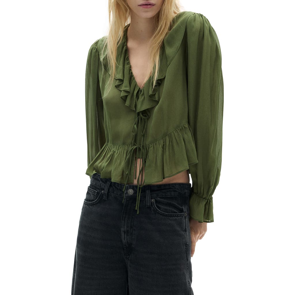 Mango Ruffle Long Sleeve Top In Khaki Green