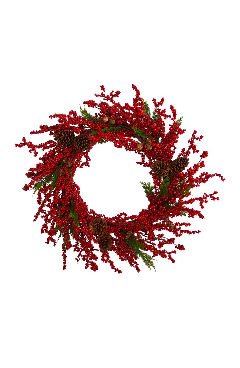 NEARLY NATURAL 34-in Cypress Artificial Wreath with Berries and Pine Cones, Main, color, Red