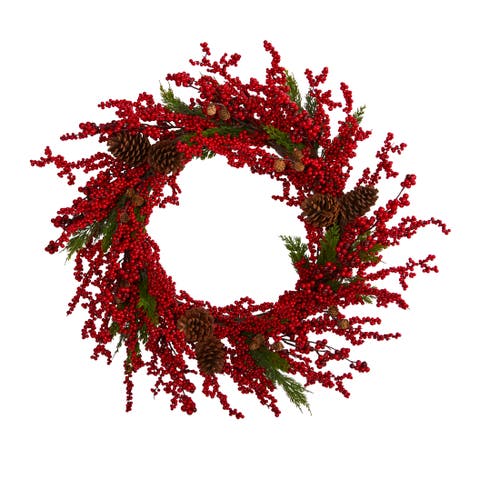 34-in Cypress Artificial Wreath with Berries and Pine Cones