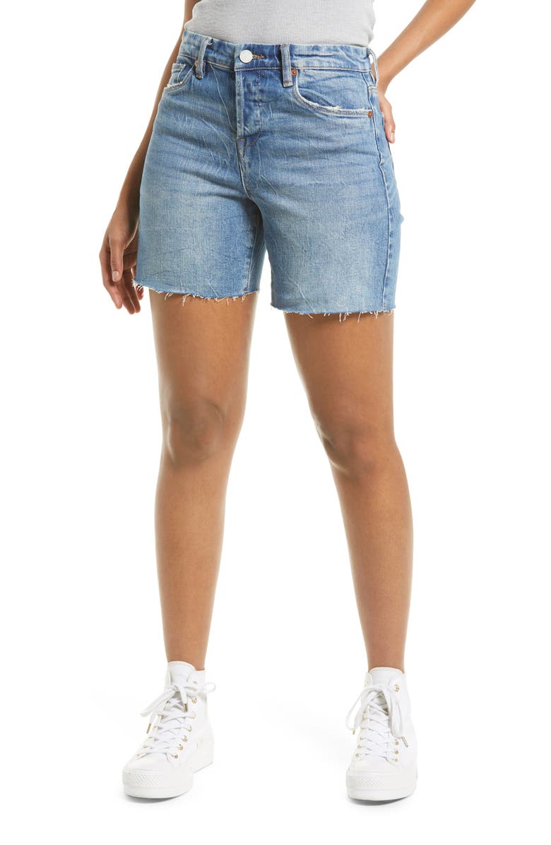 BLANKNYC The Warren Frayed Hem Longline Denim Shorts, Main, color, 