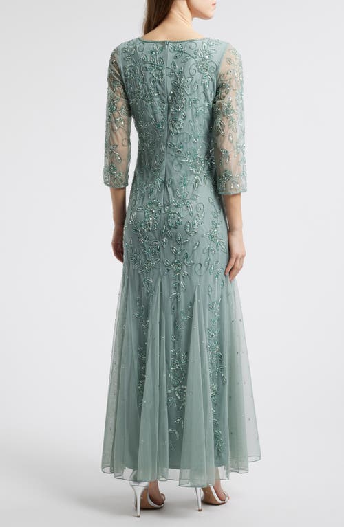 Pisarro Nights Floral Beaded Tulle Gown In Soft Sage