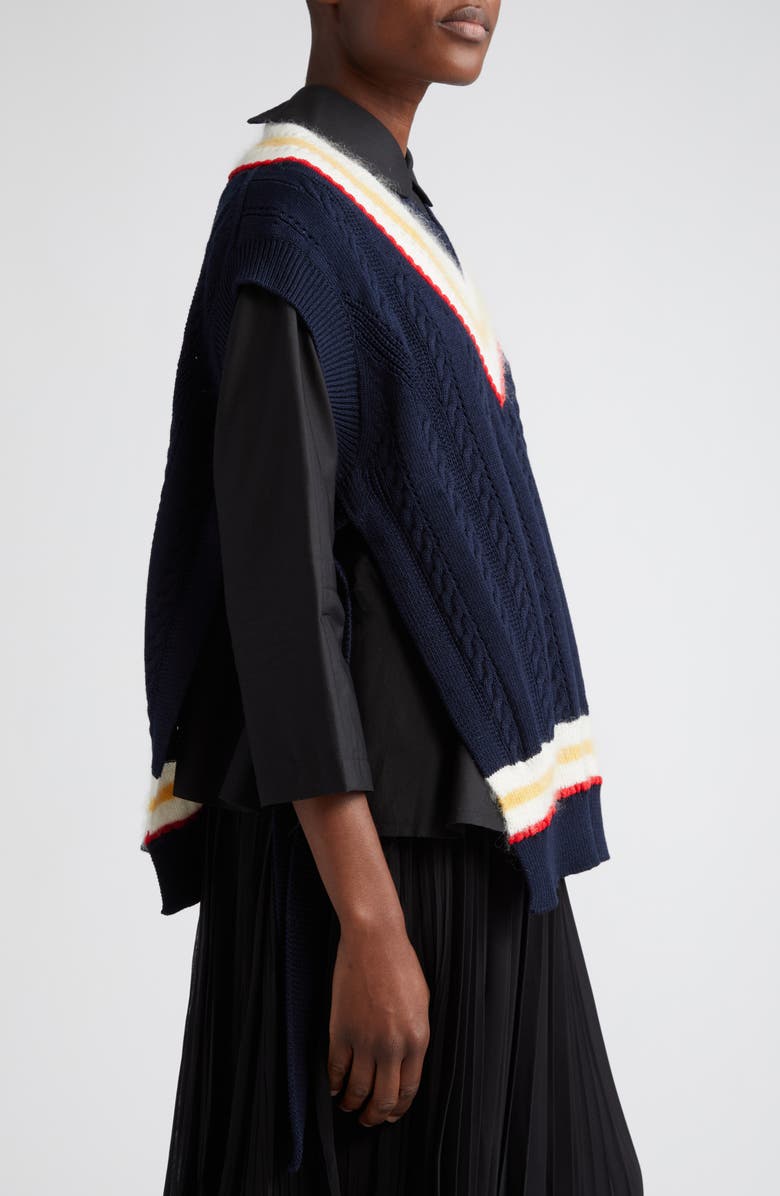 Tao Comme des Garçons Tie Accent Cable Knit Cotton & Wool Blend V-Neck Sweater Vest, Alternate, color,