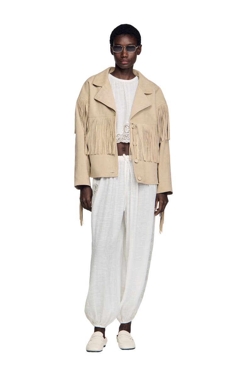 SANDRO Fringed suede jacket, Alternate, color, Beige