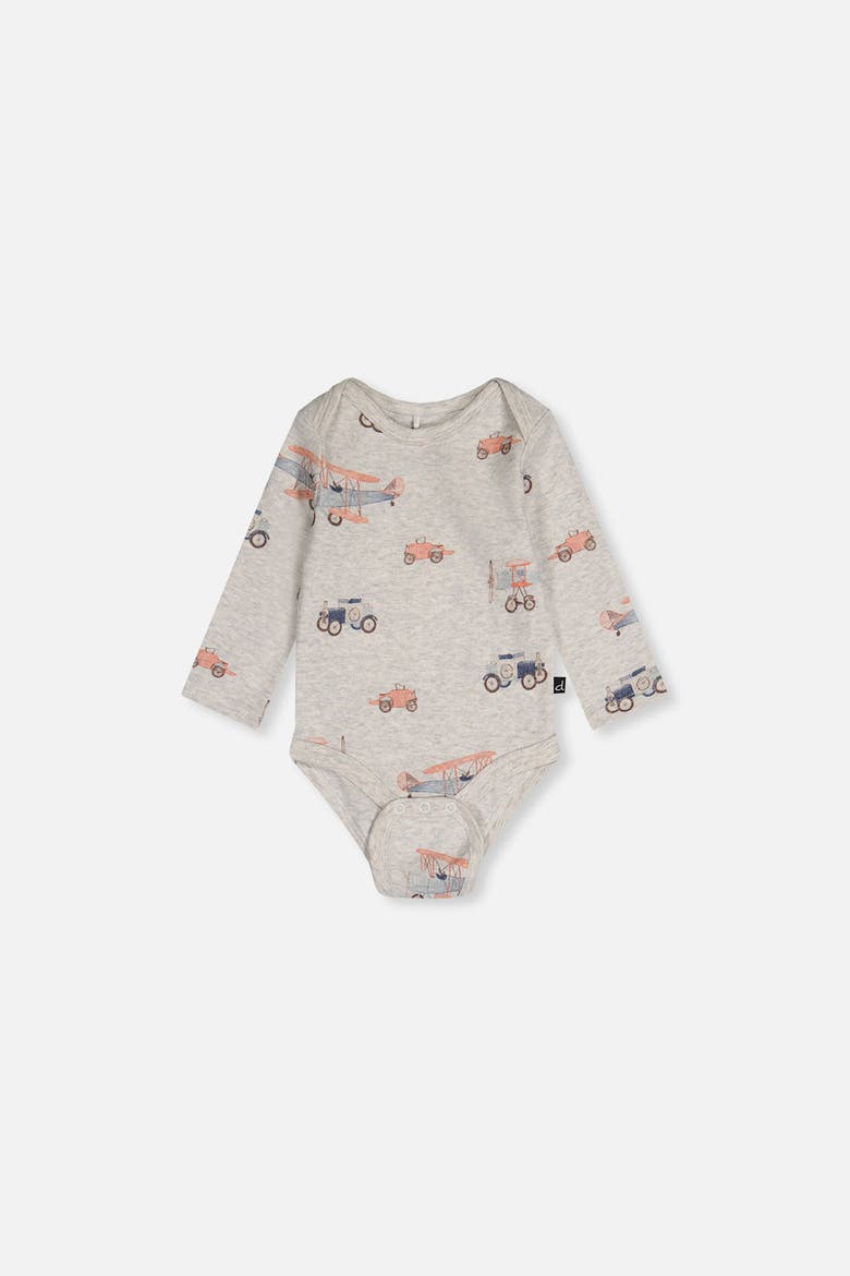 Three Pack Organic Cotton Airplanes Long Sleeve Bodysuit, Alternate, color, Beige Printed Airplanes
