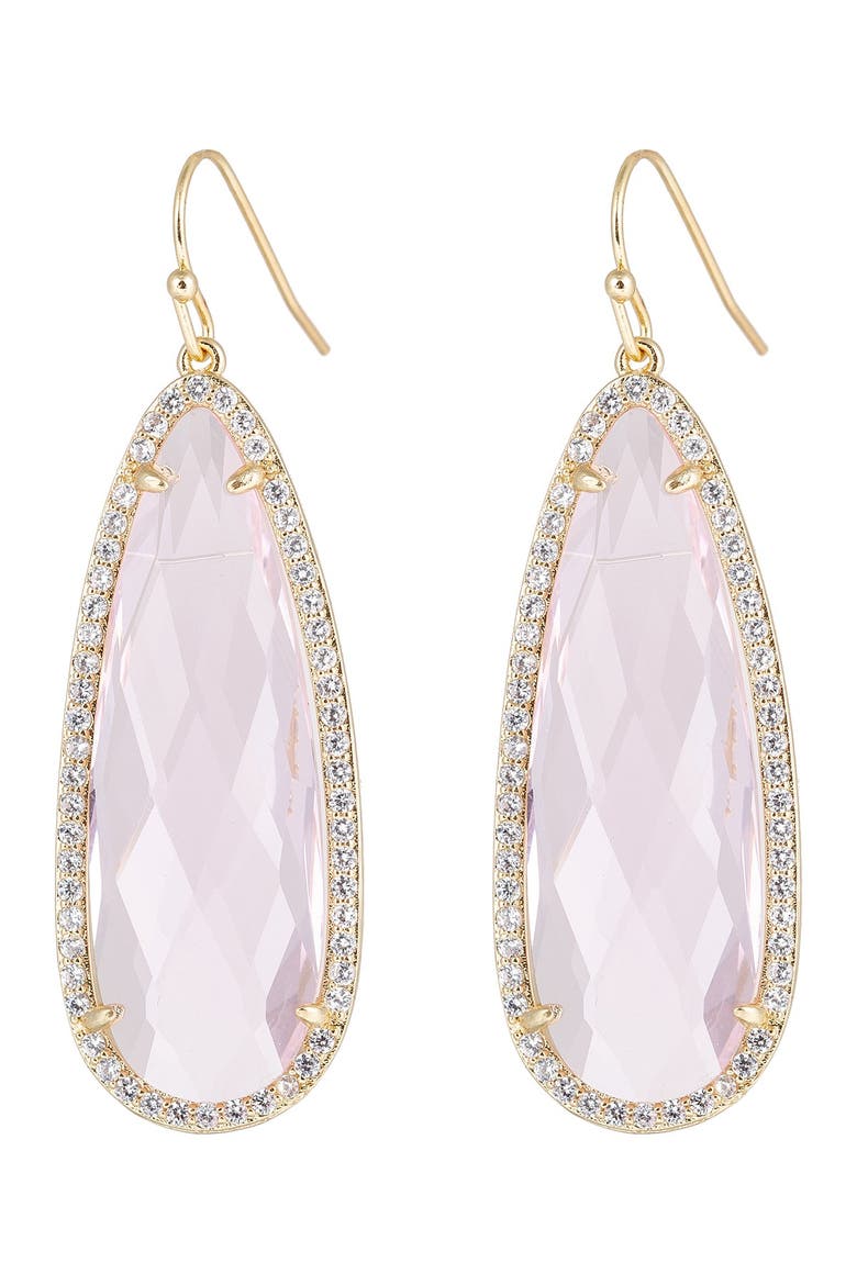 Crown 14K Yellow Gold Plated Brass Faceted CZ & Pave Halo Teardrop Earrings, Main, color, PINK
