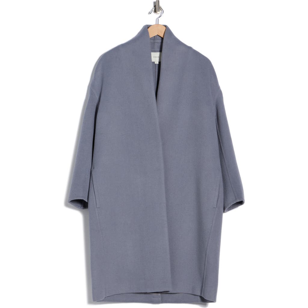 Vince Collarless Wool Blend Longline Coat In Blue