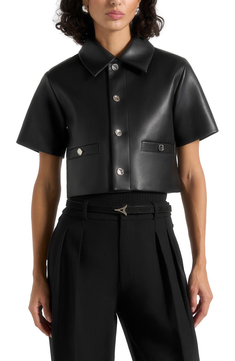 Manière De Voir Dory Leather Cropped Shirt, Alternate, color, Black