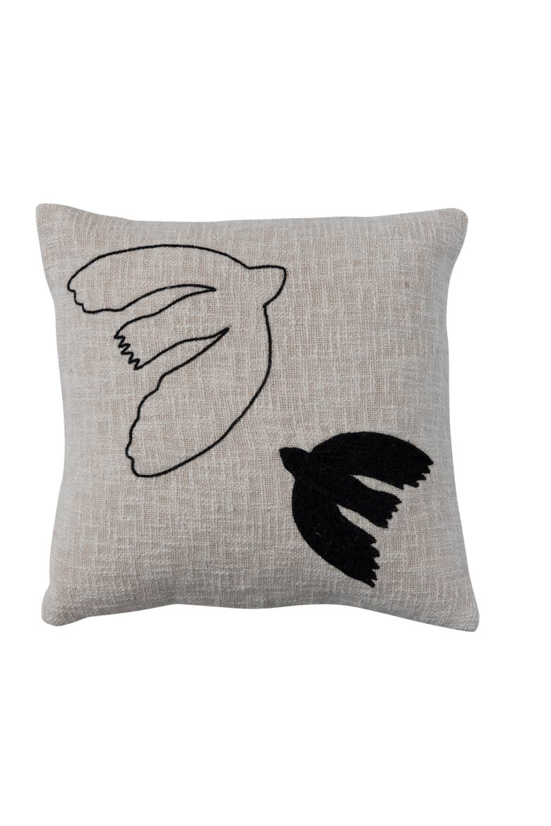 Cotton Slub Throw Pillow Cover with Embroidered Doves, Cream and Black, Main, color, Cream