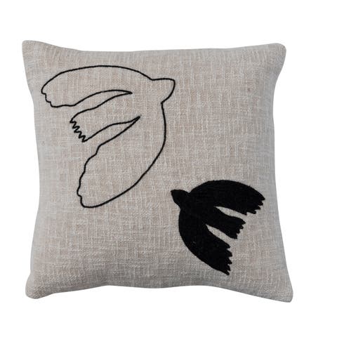 Cotton Slub Throw Pillow Cover with Embroidered Doves, Cream and Black